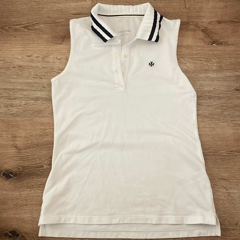 Women’s Tory Burch Sport Performance Pique Pleated-Collar Sleeveless Polo S